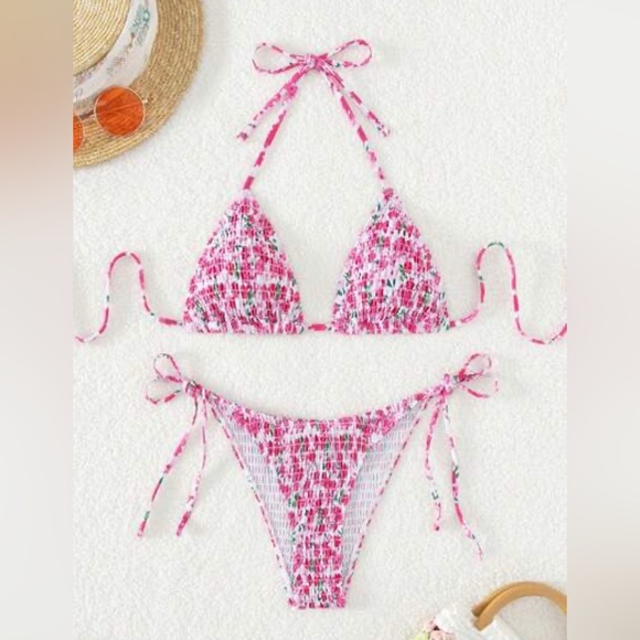 NWOT SHEIN Floral Pink Smocked Textured Bikini Set - Picture 2 of 6